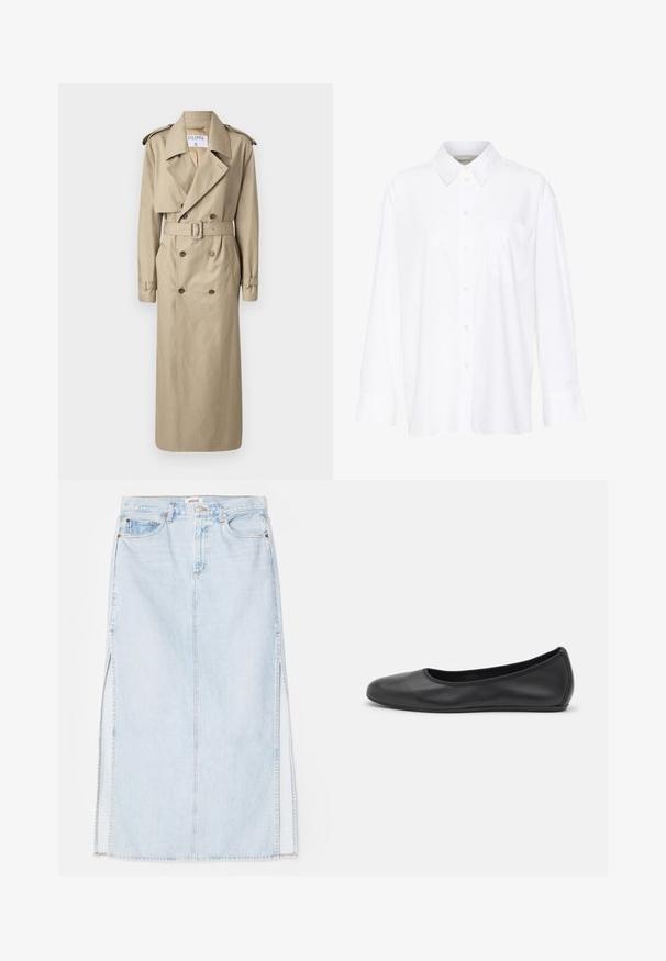 Filippa K Trenčkot - khaki beig; Biela košeľa s dlhým rukávom a golierom vyrobená z bavlny. Má zapínanie na gombíky vpredu a jednu náprsníku vrecko. Hladká textúra, voľný strih.; Svetlo modrá dlhá riflová sukňa so strihom na rovno, s bočnými rozparkami a dizajnom s piatimi vreckami. Výrazné prešívanie a kovový zips na zapínanie.; Čierne kožené baleríny s okrúhlou špičkou, hladkým povrchom, minimálnym prešívaním a flexibilným dizajnom podrážky.