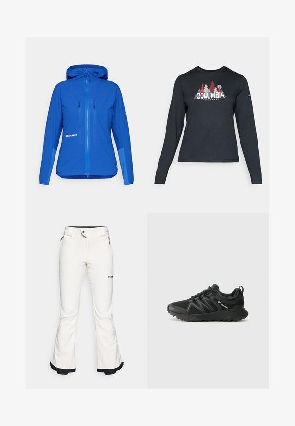 Casaco leve azul com capuz, fecho éclair frontal, dois bolsos no peito e uma marcação subtil no lado inferior direito.; Camisa de mangas longas cinza escuro com um gráfico de árvores vermelhas e montanhas; logótipo "COLUMBIA" em texto branco em negrito. Tecido suave, cuello redondo padrão.; Calças de esqui brancas feitas de um material suave e flexível. Apresenta uma cintura ajustada, pernas largas e evasê, e um acabamento preto nas bainhas. Logotipo da marca visível.; Columbia PEAKFREAK - Sapatos de caminhada - black