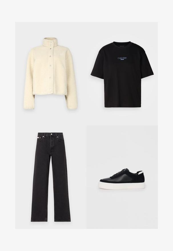 Cream-colored fleece jacket, featuring a high collar, snap buttons, and a cropped silhouette. Soft texture with minimal branding detail.; Black cotton t-shirt with a round neck, short sleeves, and blue embroidered "Calvin Klein JEANS" logo on the front.; Black wide-leg jeans made of denim, featuring a high-rise waist, five-pocket styling, and a metal button closure with contrasting stitching.; Black sneaker with smooth leather and suede panels, flat laces, rounded toe, and a white rubber sole. Distinct logo on the heel.