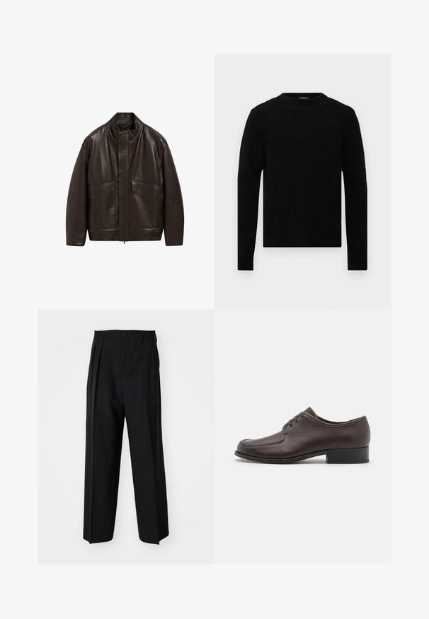 Brown leather jacket with a high collar, zip closure, and two large front pockets; features a smooth texture and relaxed fit design.; Filippa K SWEATER - Jumper - black; Black pleated trousers with a straight, wide-leg design. Made from smooth fabric, featuring a button closure and belt loops.; Brown leather dress shoe with a smooth texture, rounded toe, and closed lace-up design. Features a low stacked heel and subtle stitching detail.