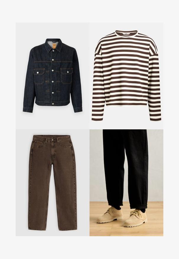 Donkerdenim jacket met een knoopsluiting aan de voorkant, twee borstzakken, witte knopen en oranje stiksels. Klassiek ontwerp met een kraag en lange mouwen.; Bruin en crèmekleurig gestreept langärmige top met een ronde halslijn, geribbelde textuur en verlaagde schoudernaden, met een cropped snit.; Bruine denim jeans met een rechte pasvorm, vijf zakken, sluiting met een voorste knoop en minimale stikdetails. Zachte textuur met een matte afwerking.; Clarks Originals DESERT ROCK LO - Sportieve veterschoenen - maple