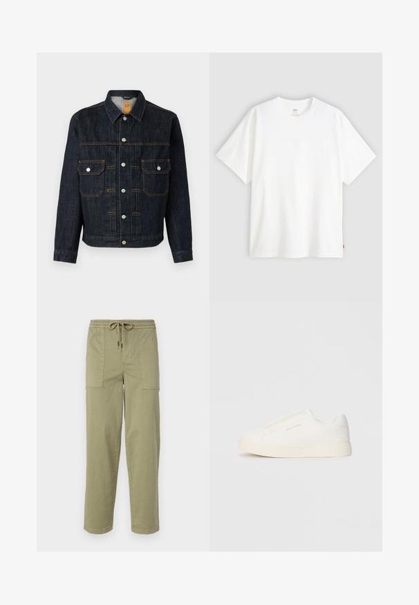 Tmavomodrá džínová bunda s gombíkovým zapínaním vpredu, dvoma náprsnej kapsami, bielymi gombíkmi a oranžovým prešívaním. Klasický dizajn s golierom a dlhými rukávmi.; Biela tričko s krátkym rukávom vyrobené z bavlny s klasickým výstrihom. Má jemne embosované logo na prednej strane a červenú etiketu na leme.; Svetlo olivové nohavice vyrobené z zmesi bavlny, s elastickým pásom na šnúrku a dvoma veľkými bočnými vreckami.; Biele slip-on tenisky s textúrovaným povrchom, hrubou podrážkou a minimalistickým dizajnom. Obsahuje logo značky na boku.