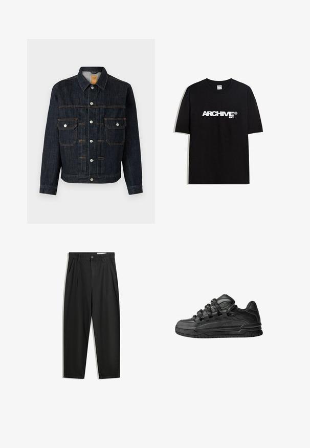Sötét farmerdzseki gombos elülső résszel, két mellzsebbel, fehér gombokkal és narancssárga öltésekkel. Klasszikus dizájn gallérral és hosszú ujjal.; Fekete pamut póló, fehér "ARCHIVE inc." logóval a mellkasán, rövid ujjakkal és kerek nyakkivágással.; Fekete pamut nadrág laza szabással, klasszikus derékrésszel, elülső hajtásokkal és oldalsó zsebekkel. Simább textúra minta nélkül.; Fekete sportcipők sima bőrből készült felső résszel, struktúrált kiegészítőkkel, valamint kerek fekete és fehér fűzőkkel. Vastag gumitalp mintázott bordázattal.