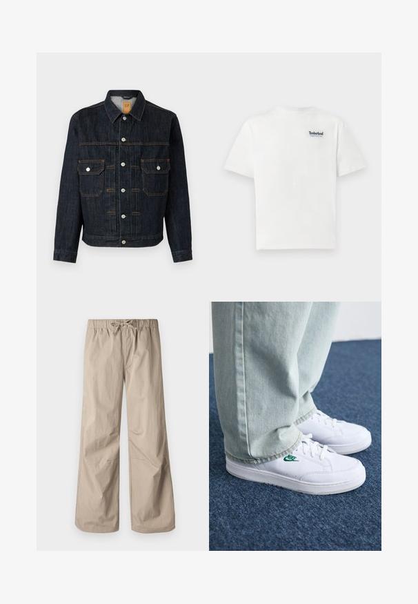 Mörk denimjacka med knäppning fram, två bröstfickor, vita knappar och orange sömmar. Klassisk design med krage och lång ärm.; Vit bomullströja med en blå broderad "Timberland Rugged Active Gear"-logga på övre vänstra bröstet. Korta ärmar och rund halsringning.; Beiga vida byxorna med elastisk midja och dragsko. Slät textur, två sidofickor och minimala sömmar för en avslappnad passform.; Vita lädersneakers med grön Nike-logga, rund tå, platt sula, kombinerade med ljusblå denimbyxor, visade på en blå matta.
