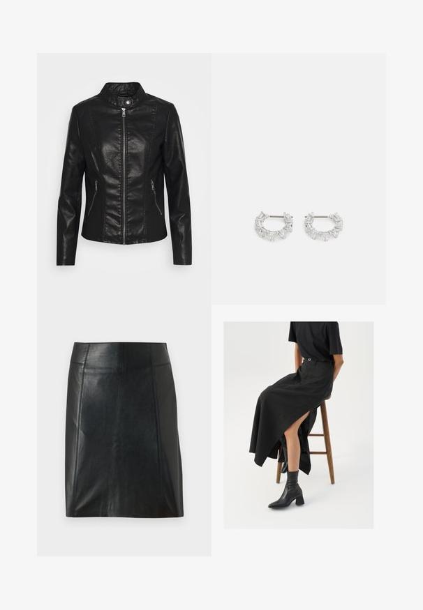 Black faux leather jacket with a stand collar, front zip closure, two side zip pockets, and fitted silhouette. Smooth texture and clean lines.; Two sleeveless tops in black and white, made of ribbed cotton, featuring round necklines and a fitted design. Labels visible on both.; Black leather skirt with a fitted design. Smooth texture, seams outlining shape, and a straight hem. Minimalistic and sleek appearance.; Black linen maxi skirt with a high slit, worn with a black t-shirt and black ankle boots. Minimalistic design with a relaxed fit.; Silver hoop earrings featuring clear, rectangular and triangular crystals arranged in a patterned design. Posts for secure fastening.