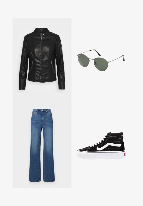 Black faux leather jacket with a stand collar, front zip closure, two side zip pockets, and fitted silhouette. Smooth texture and clean lines.; Two sleeveless tops in black and white, made of ribbed cotton, featuring round necklines and a fitted design. Labels visible on both.; High-waisted, wide-leg blue jeans made of denim, featuring a classic five-pocket design and subtle fading along the legs.; Black high-top sneakers with white laces, a white logo, and contrasting white stitching. Features a thick white sole and textured suede upper.; Metal-framed sunglasses with oval green lenses. Thin silver metal frame and black ear tips. Minimalist design, no visible logos.