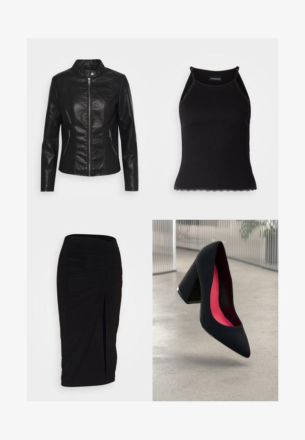 Fekete műbőr dzseki álló gallérral, elülső cipzáras záródással, két oldalsó cipzáras zsebbel és karcsú fazonnal. Sima textúra és letisztult vonalak.; Fekete bordázott ujjatlan felső, csipkés, fodros szegéllyel az alján. Vékony pántokkal és testhez simuló kialakítással rendelkezik. Stretch anyagból készült.; Fekete, ráncolt ceruzaszoknya kötött részlettel és oldalsó hasítékkal. Rugalmas anyagból készült, sima textúrával és testhez álló kialakítással.; Fekete magassarkú cipő hegyes orral, textúrált felülettel és élénk rózsaszín béléssel. Vastag sarokkal rendelkezik, ezüst kiegészítővel.