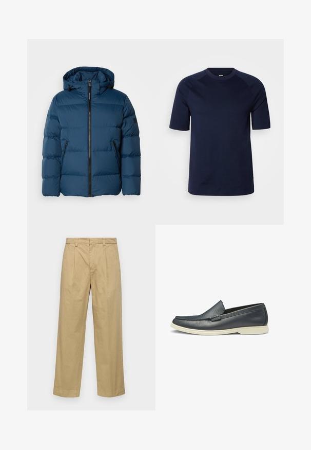 Blue puffer jacket with a hood, featuring a front zipper, two side pockets, and quilted sections for insulation. Smooth, water-resistant material.; Navy blue short-sleeve T-shirt made from soft cotton. Features a crew neck and raglan sleeves, with minimal branding on the collar.; Beige cotton trousers with a straight-leg design, featuring front pleats and side pockets. The fabric has a smooth, soft texture.; Navy leather loafers with a smooth texture, slip-on design, and contrasting white rubber sole. Features a decorative stitched accent on the vamp.