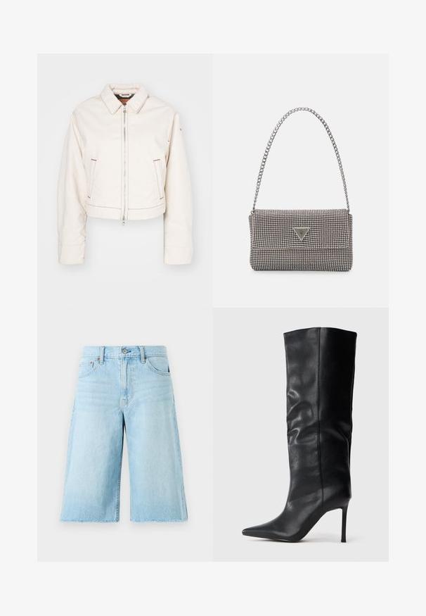 Chaqueta de mezclilla blanca corta con cremallera frontal, dos bolsillos laterales, detalles en hilo rojo y diseño de cuello clásico.; Camiseta blanca ajustada de algodón, con escote redondo y mangas cortas, que presenta un logotipo bordado en azul claro en la parte delantera.; Pantalones cortos de mezclilla azul claro con un ajuste holgado, dobladillo deshilachado, cinco bolsillos y herrajes metálicos. Diseño clásico de jeans con un ligero desvanecimiento.; Bota de cuero negra hasta la rodilla con punta afilada y tacón delgado alto sobre un fondo blanco plano.; Bolso de mano metálico gris claro con una cadena como asa, adornado con pequeños remaches metálicos circulares y un logotipo de marca en forma triangular.; Aros de plata en forma de aro con un acabado liso y brillante. Diseño redondeado y ligero, con cierre de tipo post-back.