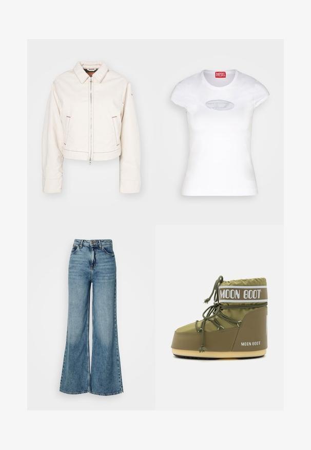 Chaqueta de mezclilla blanca corta con cremallera frontal, dos bolsillos laterales, detalles en hilo rojo y diseño de cuello clásico.; Camiseta blanca ajustada de algodón, con escote redondo y mangas cortas, que presenta un logotipo bordado en azul claro en la parte delantera.; Jeans de mezclilla de pierna ancha, de talle alto y color azul claro, con bolsillos frontales y cierre de botón, presentados sobre un fondo blanco liso.; Moon Boot ICON LOW UNISEX - Botas para la nieve - khaki