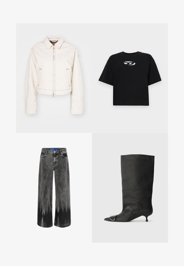 Lyhennetty valkoinen farkkutakki, jossa on etuvetoketju, kaksi sivutaskua, punaiset saumaviivat ja klassinen kaulustyyli.; Musta puuvillapaita, jossa on lyhennetty muotoilu, lyhyet hihat ja pyöreä pääntie. Paidassa on kontrastivärinen soikea logo rinnassa.; Potkulottuvat farkut haalistuneesta mustasta denimestä, joissa on dip-dye -efekti, teräksiset yksityiskohdat ja klassinen viiden taskun muotoilu yhdessä vakiovyötärön kanssa.; Musta nahkainen nilkkabootsi, jossa on terävä kärki, pieni korko ja metallinen korostus kärjessä. Pehmeä, mattapintainen rakenne kauttaaltaan.