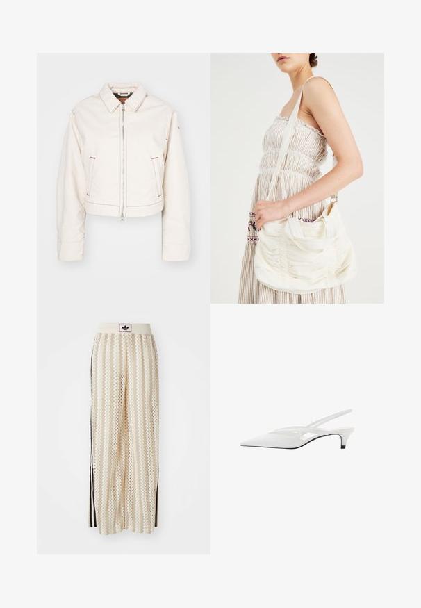 Zkrácená bílá džínsová bunda s předním zipem, dvěma bočními kapsami, červeným prošíváním a klasickým designem límce.; Bílý bavlněný tričko s krátkými rukávy a kulatým výstřihem. Má černé logo Adidas na hrudi a kontrastní černý vnitřní límeček.; Krémové široké kalhoty s cikcak vzorem, s černým logem na pásu a černými pruhy po stranách. Lehčí, texturovaná tkanina.; Bílé slingback podpatky se špičatou špičkou, s hladkým svrškem, jemnými výřezy a nízkým blokovým podpatkem. Černá podrážka zvýrazňuje design.; Bílá textilní taška přes rameno se shromážděnou texturou, nastavitelným popruhem a stříbrným kováním. Vyložená vedle krémových šatů.