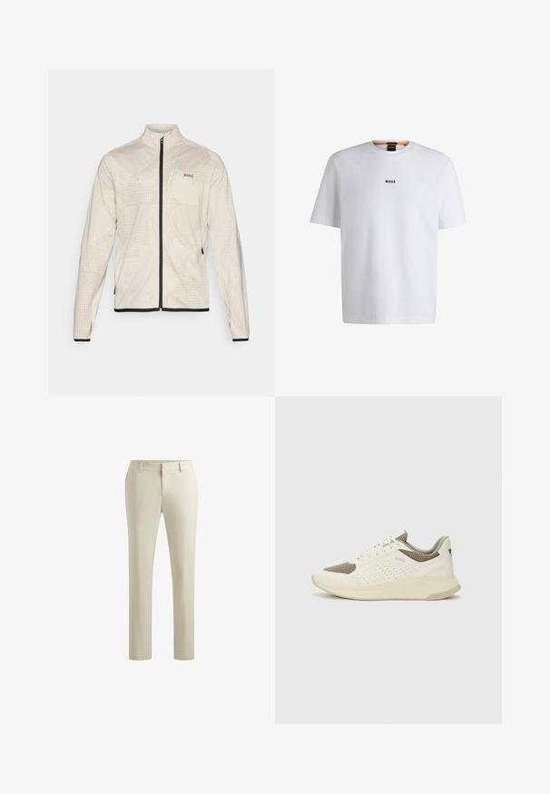 Light beige jacket with geometric patterns, full zip, high collar, and black accents at cuffs and hem. Features BOSS logo in multicolor.; White cotton T-shirt with short sleeves, featuring a black "BOSS" logo centered on the chest and a round neck design.; Beige straight-leg trousers with belt loops, front zipper, and elastic waist at the back for a tailored fit.; White and light beige athletic sneaker, featuring a mesh upper, perforated detailing, and a textured midsole with branding on the heel.