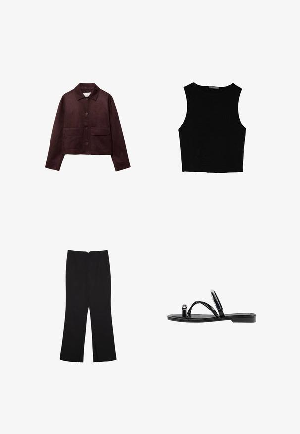 Krátka hnedá semišová bunda s golierom, predným zapínaním na gombíky a dvoma veľkými náprsnými vreckami. Obsahuje dlhé rukávy a skrátený strih.; Čierny bezrukávový crop top vyrobený z hladkej tkaniny, so zaobleným výstrihom a čistým, jednoduchým dizajnom bez vzorov alebo kovania.; Čierne nohavice so strihom rovného strihu, s prednými vreckami a bočnými rozparkami na leme. Vyrobené z mäkkej, hladkej tkaniny. Vhodné na rôzne príležitosti.; Čierne ploché sandále s lesklým povrchom, tromi tenkými popruhmi a okrúhlou kovovou ozdobou na prste. Elegantný dizajn s minimálnym podpätkom.