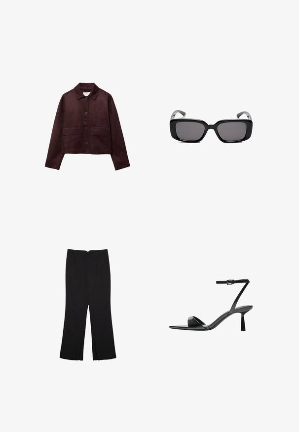 Veste en daim brun courte avec un col, fermeture à boutons sur le devant et deux grandes poches plaquées. Dotée de manches longues et d'un design court.; Top court sans manches noir en tissu lisse, avec un col rond et un design épuré, simple, sans motifs ni accessoires.; Pantalon noir avec une coupe droite, doté de poches avant et d'éclairs sur l'ourlet. Fabriqué en tissu doux et lisse. Convient à diverses occasions.; Bershka Sandales à talons hauts - black; Lunettes de soleil noires rectangulaires avec des verres foncés, monture en plastique lisse et branches courbées. Le design est épais avec une esthétique minimaliste.