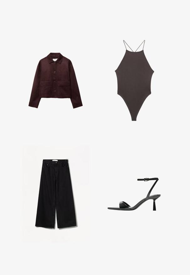 Kratka rjava sued jakna z ovratnikom, sprednjim gumbom in dvema velikima žepoma na voljo. Ima dolge rokave in je krajšega kroja.; Rjav, enodelni kopalke z visokim ovratnikom in tankimi nastavljivimi naramnicami; ima visok rez na nogah in gladko teksturo. Brez vzorcev ali okrasnih elementov.; Bershka WIDE-LEG - Široke hlačnice - black; Bershka Sandali z visoko peto - black