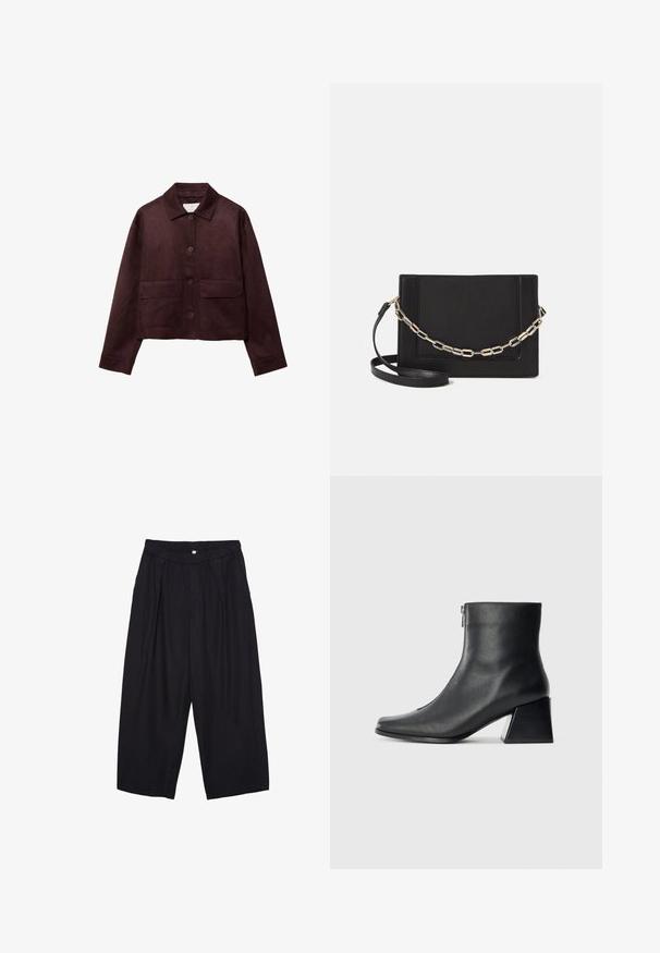 Korte bruine suède jas met een kraag, sluiting met knopen aan de voorkant en twee grote opgestikte zakken. Heeft lange mouwen en een cropped ontwerp.; Witte kortekorte mouw shirt van zacht materiaal, met een ronde halslijn en een eenvoudig, minimalistisch ontwerp zonder zichtbare patronen of accenten.; Zwarte polyester culottes met een elastische tailleband, twee voorkreukels en een losse pasvorm. Geen zichtbare patronen of hardware-details.; Zwarte leren enkellaars met vierkante neus, zijrits en blokhak tegen een effen lichte achtergrond.; Zwarte leren schoudertas met een gladde textuur, rechthoekige vorm en een metallic kettingdetail aan de voorkant. Verstelbare schouderband inbegrepen.