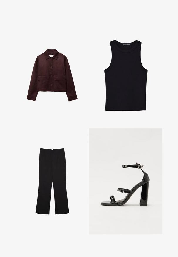 Giacca corta in suede marrone con colletto, chiusura frontale con bottoni e due grandi tasche applicate. Presenta maniche lunghe e un design cropped.; Canotta nera in cotone, caratterizzata da un colletto rotondo e ampi giromanica. Texture liscia con orli cuciti. Design classico e minimalista.; Pantaloni neri a gamba dritta, con tasche frontali e spacchi laterali all'orlo. Realizzati in tessuto morbido e liscio. Adatti a diverse occasioni.; Sandali con tacco in vernice nera, con punta squadrata, cinturini alla caviglia e fibbie in argento. Presentano un tacco a blocco spesso per maggiore stabilità.