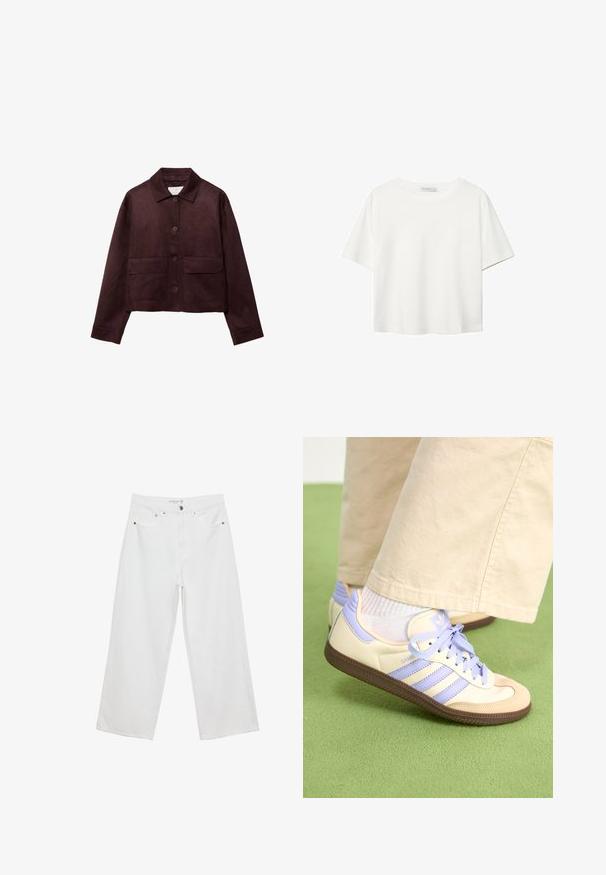 Kurz geschnittene Jacke aus braunem Wildleder mit Kragen, vorderem Knopfverschluss und zwei großen aufgesetzten Taschen. Verfügt über lange Ärmel und ein kurzes Design.; Weißes T-Shirt mit kurzen Ärmeln aus Baumwolle. Hat einen Rundhalsausschnitt und eine lockere Passform. Glatte Textur ohne sichtbare Muster oder Akzente.; Weiße Jeans im weit geschnittenen Design aus Denim mit hoher Taille, ausgestattet mit fünf Taschen und Metallbeschlägen. Glatte Textur, keine sichtbaren Muster.; Cremefarbene und lavendelfarbene Sneakers mit drei Streifen und einer strukturierten braunen Sohle, ausgestattet mit Schnürsenkeln und einer gepolsterten Ferse. Obermaterial aus weichem Stoff.