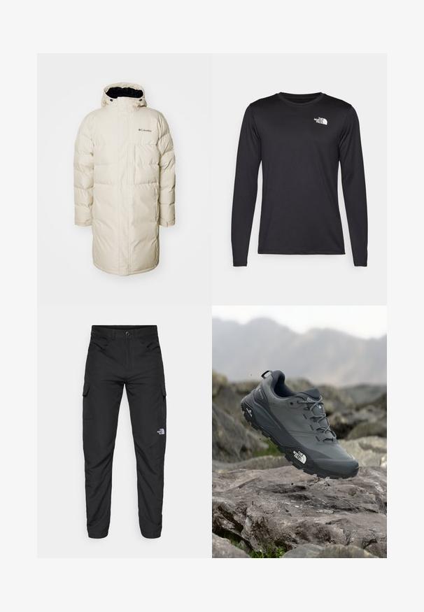 Abrigo acolchado en beige claro con capucha, que presenta secciones acolchadas, bolsillos laterales y forro interior negro. Logo de Columbia en el pecho.; Camiseta de rendimiento negra de manga larga hecha de tela ligera, con un logo blanco en la parte superior izquierda del pecho. Textura suave.; The North Face HORIZON PANT - Pantalones montañeros largos - black; Zapatilla de trail running gris con parte superior texturizada, suela de goma duradera y puntera reforzada. Cuenta con cordones y logo de la marca en el lateral.
