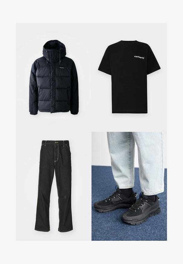 Sort puffy jakke med hætte, der har quiltede sektioner, høj krave og lynlåslommer. Lavet af vandafvisende materiale.; Sort bomulds-T-shirt med korte ærmer, rund halsudskæring og hvidt "Carhartt"-logo på venstre bryst. Glat tekstur, minimalistisk design.; Sorte denimjeans med løs pasform, der har kontrasterende hvid syning, en knaplukning og et lige ben-design.; Sorte træningssko med tekstureret stof og gummisåler, udstyret med elastiske snørebånd og en blå detalje på hælen. Bæres med lyse denimbukser.