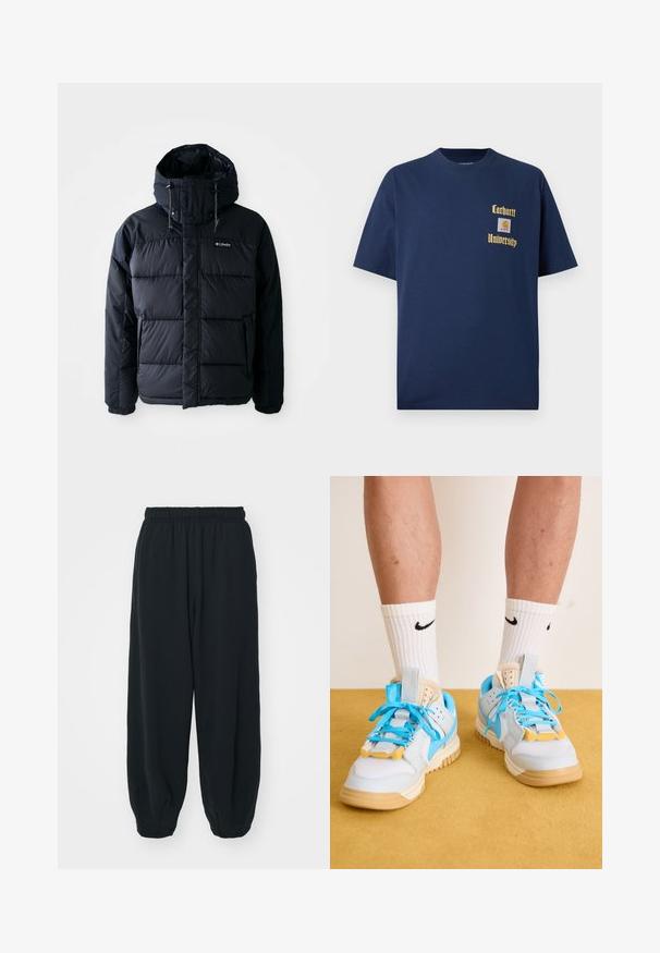 Sort puffy jakke med hætte, der har quiltede sektioner, høj krave og lynlåslommer. Lavet af vandafvisende materiale.; Marineblå bomulds T-shirt med korte ærmer, der har guld tekst "Carhartt University" og et logo patch på venstre bryst.; Sorte svedbukser med elastisk talje, løs pasform, afsluttede ankler, glat tekstur og uden synlige mønstre eller hardware-detaljer.; Lyseblå sneakers med brune såler, udstyret med markante turkise snørebånd og gule accenter. Strukturerede materialer og synlig luftdæmpning.