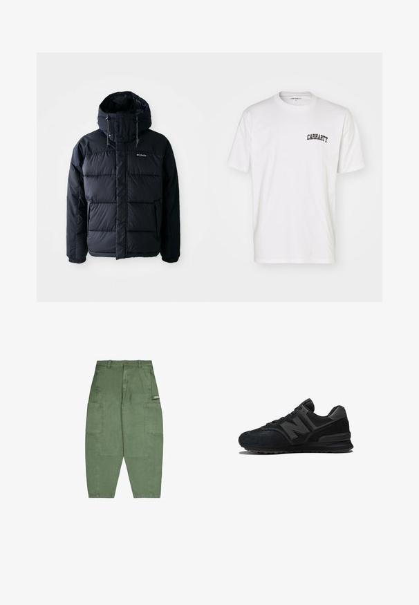 Zwarte pufferjas met capuchon, voorzien van gestikte secties, een hoge kraag en ritssluitingen. Gemaakt van waterafstotend materiaal.; Witte katoenen t-shirt met korte mouwen en een ronde hals. Bevat een zwart "Carhartt" logo gedrukt op het bovenste gedeelte van de linkerkant van de borst.; Groene cargo broek van katoen, met meerdere grote zakken, een losse pasvorm en een knoopsluiting bij de taille. Zachte textuur en matte afwerking.; Zwarte sneaker met een bovenwerk van suede en mesh, een dikke zool en een opvallend 'N'-logo op de zijkant. Heeft een gestructureerd ontwerp met veter sluiting.