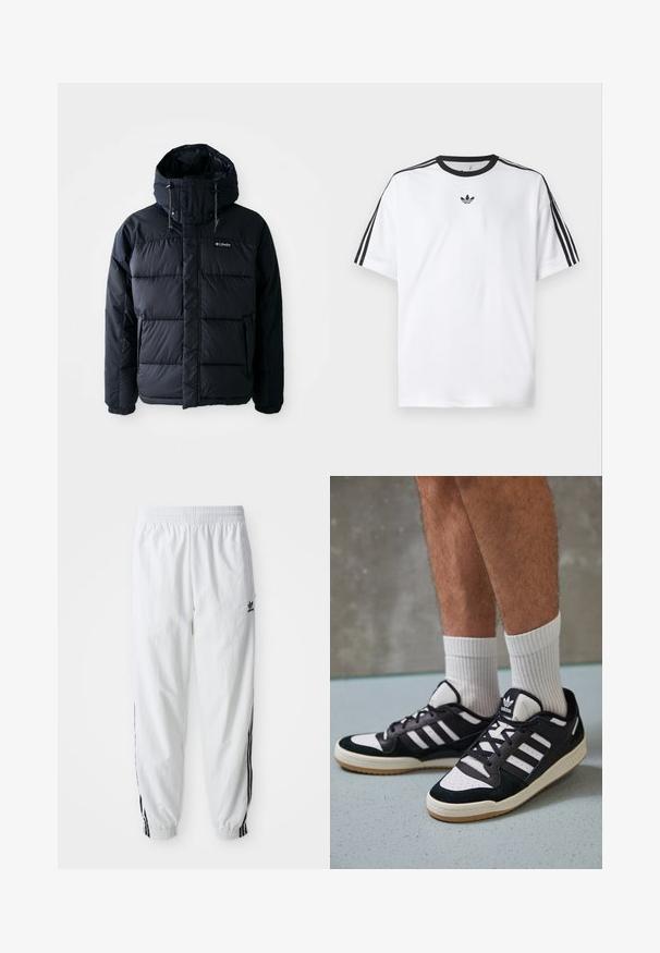 Jachetă pufos neagră cu glugă, cu secțiuni matlasate, guler înalt și buzunare cu fermoar. Fabricată din material rezistent la apă.; Tricou alb din bumbac, cu un guler rotund negru și trei dungi negre pe fiecare umăr. Logo mic negru pe piept.; Pantaloni atletici albi cu dungi negre pe lateral, talie elastică și manșete; prezintă logo-ul Adidas pe coapsa stângă. Textură a țesăturii netedă.; Adidași negri și albi cu un superior din suede și piele, prevăzuți cu trei dungi albe, un vârf perforat și o talpă din cauciuc caramel.