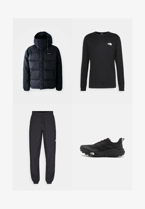 Chaqueta negra acolchada con capucha, que presenta secciones acolchadas, un alto cuello y bolsillos con cremallera. Fabricada con material resistente al agua.; Camiseta de manga larga negra hecha de algodón, con un logo blanco en el lado izquierdo del pecho y puños de canalé. Textura suave con un cuello redondo.; Pantalones deportivos negros hechos de un tejido ligero, con una cinturilla ajustable, bolsillos laterales y puños ajustados en los tobillos.; Zapatilla de trail running negra con upper texturizado, suela de goma y puntera reforzada. Presenta un collar acolchado y una lengüeta para poner y quitar fácilmente.