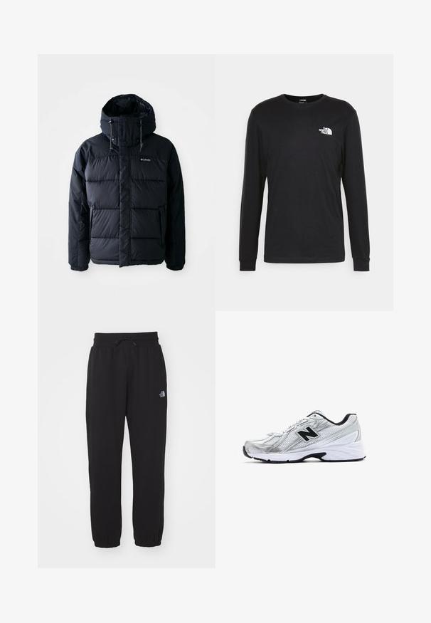 Giubbotto nero imbottito con cappuccio, dotato di sezioni trapuntate, colletto alto e tasche con zip. Realizzato in materiale resistente all'acqua.; T-shirt a maniche lunghe nera in cotone, con un logo bianco sul lato sinistro del petto e polsini a costine. Texture liscia con scollatura a girocollo.; Pantaloni sportivi neri realizzati in tessuto morbido, dotati di una vita elasticizzata con coulisse, polsini alla caviglia e un piccolo logo sulla parte superiore della coscia.; Scarpa sportiva argentata con materiale in rete, accenti neri, design perforato e una suola bianca imbottita. Presenta un logo 'N' prominente.