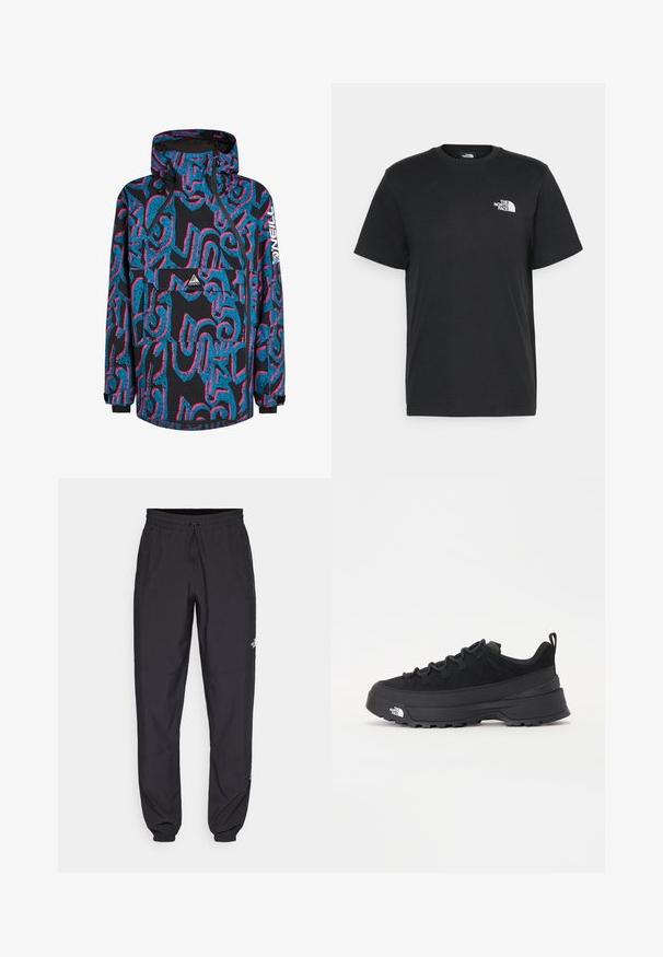 Schwarze Jacke mit lebendigen blauen und pinken abstrakten Mustern, Kapuze, Reißverschluss und einer Fronttasche. Hergestellt aus wasserdichtem Material.; Schwarzes Baumwoll-T-Shirt mit kurzen Ärmeln, Rundhalsausschnitt und einem kleinen weißen Logo auf der linken Brust. Schlichtes Design, glatte Textur und lockere Passform.; Schwarze Sporthosen aus leichtem Stoff, mit einem Kordelzugbund, seitlichen Taschen und schmal zulaufenden Bündchen an den Knöcheln.; Schwarzer Outdoorsneaker mit einem Obermaterial aus Wildleder, strukturierter Gummisohle und robustem Schnürsystem. Verfügt über eine verstärkte Ferse und das Markenlogo an der Seite.