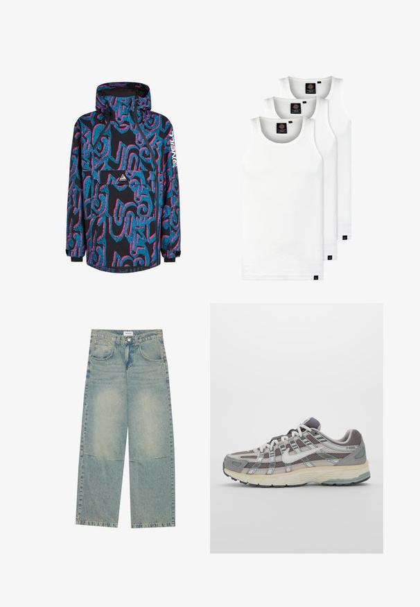 Czarna kurtka z jaskrawymi niebieskimi i różowymi abstrakcyjnymi wzorami, z kapturem, zapięciem na zamek i przednią kieszenią. Wykonana z wodoodpornego materiału.; Trzy białe prążkowane koszulki na ramiączkach wykonane z bawełny. Posiadają okrągły dekolt i małe czarne metki blisko dolnego brzegu. Dostępne w różnych rozmiarach.; Jasnoniebieskie dżinsy o szerokich nogawkach, wykonane z denimu, z dwoma przednimi kieszeniami, zapięciem na guzik i wyblakłym odcieniem z widocznym szwem.; Szare buty sportowe z siateczkowym i zamszowym wierzchem, białymi akcentami, amortyzowaną podeszwą oraz charakterystycznym designem z elementami odblaskowymi.