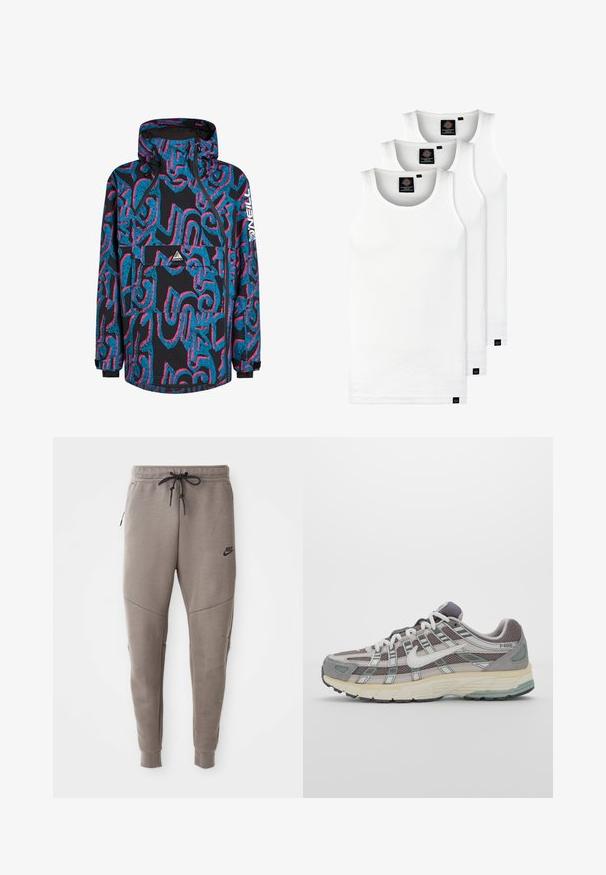 Veste noire avec des motifs abstraits vibrants en bleu et rose, une capuche, une fermeture éclair et une poche frontale. Fabriquée à partir d'un matériau imperméable.; Trois débardeurs blancs côtelés en coton. Présentent un col rond et de petites étiquettes noires près de l'ourlet. Disponibles en plusieurs tailles.; Pantalon de survêtement gris Nike avec une taille élastique à cordon de serrage, des jambes fuselées, des poches latérales et un détail de couture distinct. Tissu doux et texturé.; Chaussure de sport grise avec une tige en mesh et en daim, accents blancs, semelle rembourrée et un design distinctif avec des éléments réfléchissants.