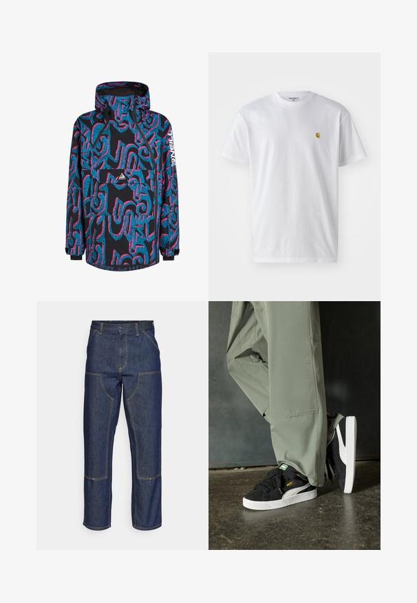 Schwarze Jacke mit lebendigen blauen und pinken abstrakten Mustern, Kapuze, Reißverschluss und einer Fronttasche. Hergestellt aus wasserdichtem Material.; Weißes Baumwoll-T-Shirt mit kurzen Ärmeln, Rundhalsausschnitt, mit einem kleinen goldenen Logo im linken Brustbereich. Weicher Stoff und normale Passform.; Dunkelblaue Jeans aus Denim mit hoher Taille, geradem Bein-Design, kontrastierenden Nähten und aufgesetzten Taschen auf der Vorderseite.; Schwarze Wildleder-Sneaker mit weißen Gummisohlen und seitlichen Streifen, kombiniert mit hellgrünen Cargo-Hosen, stehen auf einer strukturierten dunklen Oberfläche.