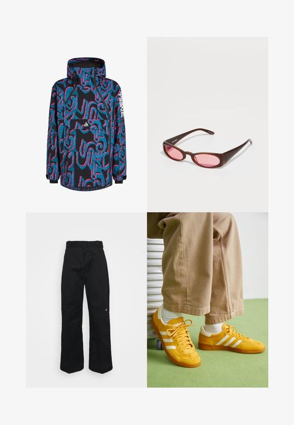 Giacca nera con vivaci motivi astratti blu e rosa, cappuccio, chiusura con zip e tasca frontale. Realizzata in un materiale impermeabile.; T-shirt nera in cotone con una grafica sfocata bianca di un volto. Maniche corte e design a girocollo.; Pantaloni neri a gamba larga con una texture liscia, dotati di una vita regolare e di un piccolo logo ricamato vicino alla gamba destra.; Sneaker in suede giallo con strisce bianche, dotate di suola in gomma, lacci in tessuto e collare imbottito, abbinate a pantaloni in cotone beige.; Occhiali da sole color marrone con una forma ovale allungata e slanciata. Le montature sono in plastica lucida; le lenti sono rosa con una leggera curvatura.