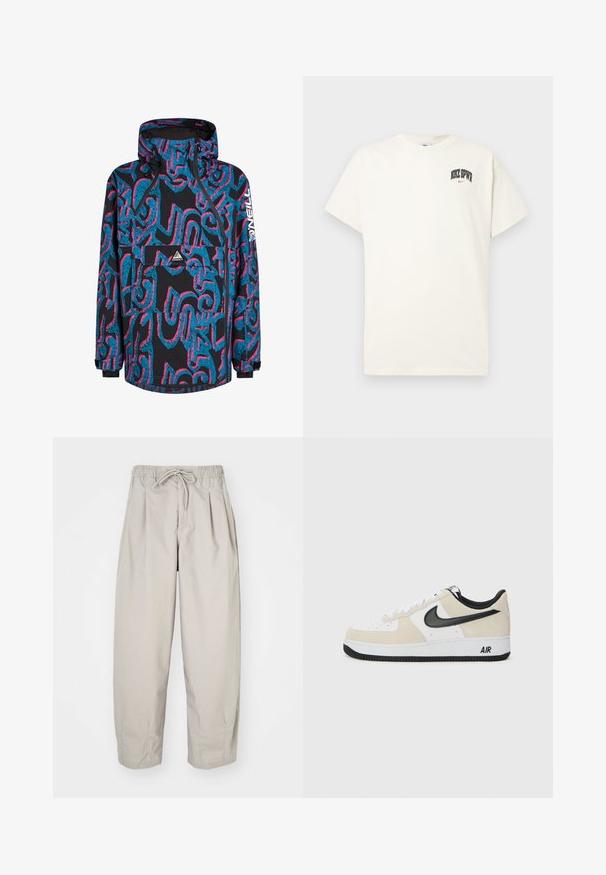 Sort jakke med livlige blå og pink abstrakte mønstre, hætte, lynlås og en frontlomme. Fremstillet af et vandafvisende materiale.; Cremefarvet bomulds t-shirt med korte ærmer, der har "NIKE SB" i sort og rød tekst på brystet. Standard rund halsudskæring.; Beige, lette bukser med elastisk talje og snor. Har plisseringer og en løs pasform, lavet af blødt, glat stof.; Sneakers med en lys beige ruskind og hvid læder overdel, sort Nike swoosh, sorte detaljer og en hvid gummisål med "AIR" branding.