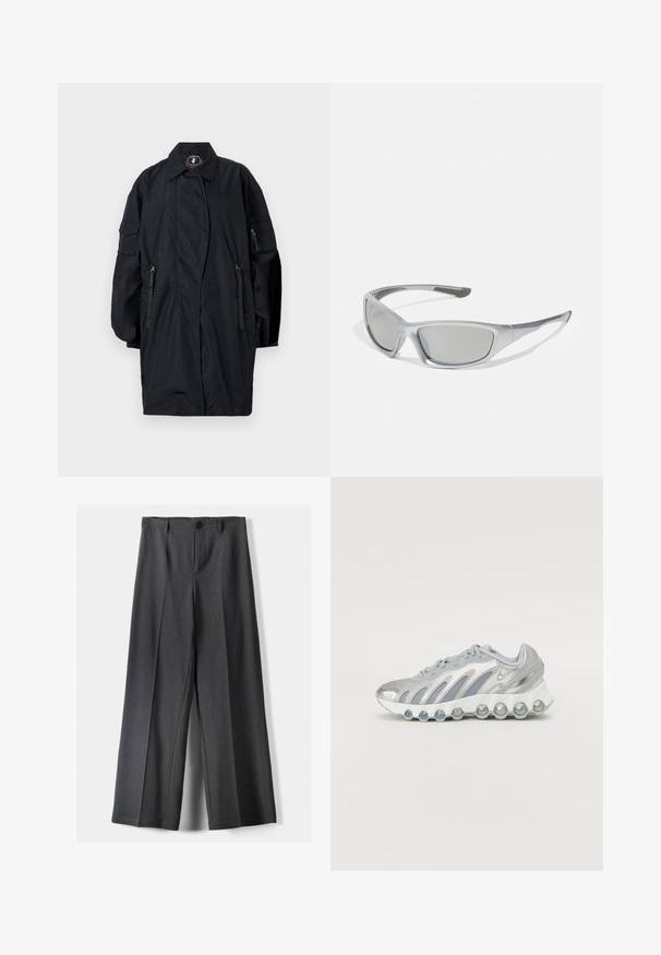 Lang sort oversized frakke med brede ærmer, frontlomme med lynlås, reverskrave og et mærke uden animalske produkter inden i nakken.; Hvid crop top lavet af blødt, tekstureret stof. Har en rund hals og uden ærmer med et lille guld Nike-logo på forsiden.; Vidde-bukser i mørkegrå stof med knaplukning, frontfolder og bæltestropper. Glat tekstur med et skræddersyet design.; Sølv- og grå sportsko med en mesh-overdel, buet design og en unik rund sål med gennemsigtige stødabsorberende elementer.; Grå solbriller med en slank, let plastramme. Har tonede grå linser og strukturerede sideaccenter for bedre greb.