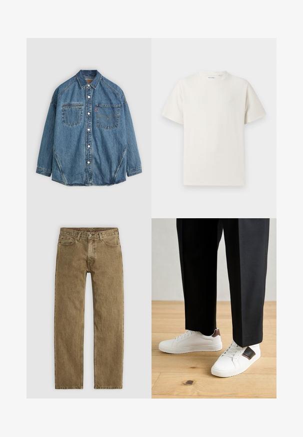 Farmerebb gombos ing világoskék anyagból, két mellzsebbel, fehér gombokkal és kontrasztos steppelés a varrások mentén a részletek kiemelésére.; Fehér, rövid ujjú póló bordázott textúrával. Kerek nyakkivágás, laza szabás, nincs látható minta vagy díszítés. Egyszerű és sokoldalú dizájn.; Világosbarna farmernadrág egyenes szárú fazonnal, ötpocket stílusban és rézszínű kiegészítőkkel. Texturált anyag, látható varrási részletekkel.; Fehér sneaker, sima textúrával, barna bőr díszítéssel és fekete részletekkel, fekete szabott nadrággal párosítva. Fából készült padló háttér.