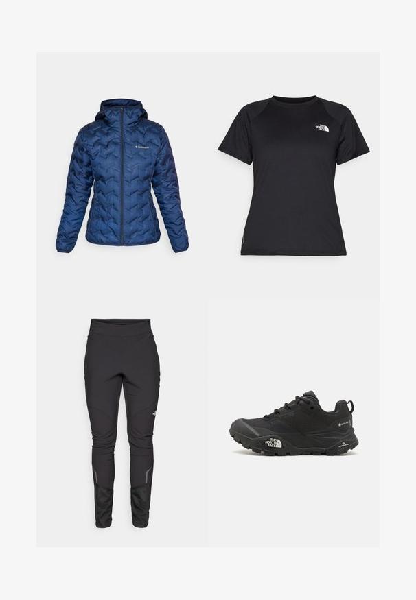 Columbia DELTA RIDGE™ HOODED JACKET - Untuvatakki - collegiate navy; Musta lyhythihainen urheilupaita, jossa on pyöreä kaula-aukko ja The North Face -logo vasemmalla rintapielessä.; Mustat ulkoiluhousut, joissa on istuva muotoilu, kestävä kangas, heijastavat yksityiskohdat ja paneelisaumastus, joka parantaa liikkuvuutta ja mukavuutta.; Musta vaelluskengä, jossa on teksturoitu päällinen, nauhakiinnitys ja paksu kumipohja, jossa on näkyvä logo sivulla ja kavennuskuviointi.