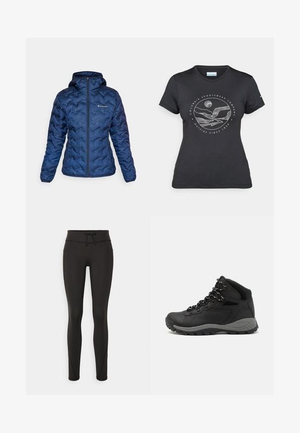 Columbia DELTA RIDGE™ HOODED JACKET - Sulejope - collegiate navy; Musternine Columbia T-särk mustas värvuses, millel on valge ümmargune mägi ja jõe joonistus ning tekst "Columbia Sportswear Company Outside Since 1938."; Mustad kõrge vöökohtadega mustad retuusid, paelaga, sileda tekstuuri ja sobiva disainiga. Külgedel on õmblusdetailid.; Mustarjaline matkasaabas, millel on keskmine disain, tekstuuriga ülemine osa, hallid aktsendid ja vastupidav kummist põhi, millel on haardelugesid.