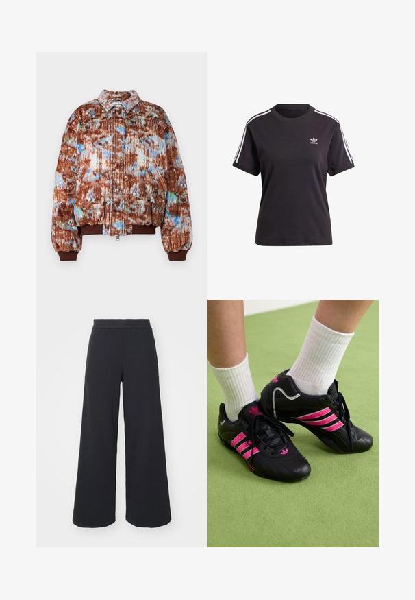 Puff takki, jossa on ruskea, sininen ja vihreä kuviollinen ulkopinta. Ominaisuuksia ovat kaulus, ribattu hihansuu, vetoketjukiinnitys edessä ja sivutaskut. Rakenne on teksturoitu.; Musta puuvillainen lyhythihainen t-paita pyöreällä kauluksella, jossa on valkoiset raidat olkapäillä ja pieni valkoinen Adidas-logo rinnassa.; Mustat leveät collegehousut, jotka on valmistettu pehmeästä kankaasta. Niissä on elastinen vyötärö ja pieni logo vasemmalla puolella.; Mustat urheilukengät, joissa on kolme vaaleanpunaista raitaa, pintakuvioitu nahkaosa, mustat nauhat ja logot yksityiskohtana, yhdistetty valkoisiin ribbineuleisiin sukkiin vihreällä pinnalla.