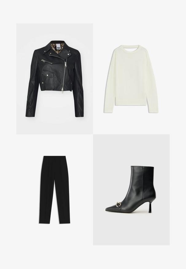 Zwarte leren cropped jas met ritssluiting aan de voorkant, twee ritszakken en een voering met luipaardprint. Heeft een klassiek motorjackontwerp.; Lichtcreme trui met een ronde hals, lange mouwen, geribbelde zoom en een zachte textuur. Geen patronen of zichtbare hardwaredetails.; Zwarte broeken met een rechte pasvorm, voorzien van dubbele plooien, een zachte textuur en een klassiek taillebandontwerp. Geen zichtbare hardware of accenten.; Zwarte leren enkelboot met spitse neus, slanke middenhoge hak en zilveren gespdetail aan de zijkant op een effen achtergrond.