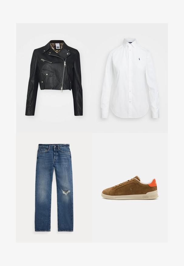 Čierna skrátená kožená bunda s predným zipsom, dvoma zipsovými vreckami a podšívkou s leopardím vzorom. Má klasický motocyklový dizajn.; Biela košeľa s gombíkmi a špicatým golierom, dlhými rukávmi a malým modrým logom na ľavej hrudi. Vyrobená z bavlnenej látky.; Modré džínsy s mid-rise pásom, piatimi vreckami a roztrhnutím na pravom kolene.; Hnedé semišové tenisky s krémovou gumovou podrážkou, ktoré majú oranžové akcenty na päte a malý detail loga na boku.