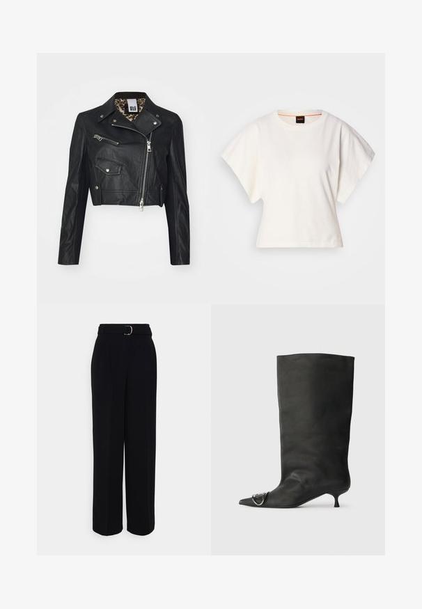 Juodas trumpas odinis švarkas su užtrauktuku, dviem užtrauktuko kišenėmis ir leopardų rašto pamušalu. Su klasikinio motociklo dizainu.; Baltas trumpas marškinėliai, plačios trumpomis rankovėmis, minkšta medvilnė, apvali kaklo iškirptė su subtiliu oranžiniu apvadu, minimalus dizainas, be raštų ar grafikų.; Juodos pritaikytos kelnės plačia kojų siluetu, su diržu su sidabriniu sagtimi, klostėmis ir lygiu audinio paviršiumi.; Juodas odinis kulkšninis batas su smailiu pirštu, maža pakulne ir metaline akcentu ant piršto. Lygus, matinio paviršiaus tekstūra visame batus.