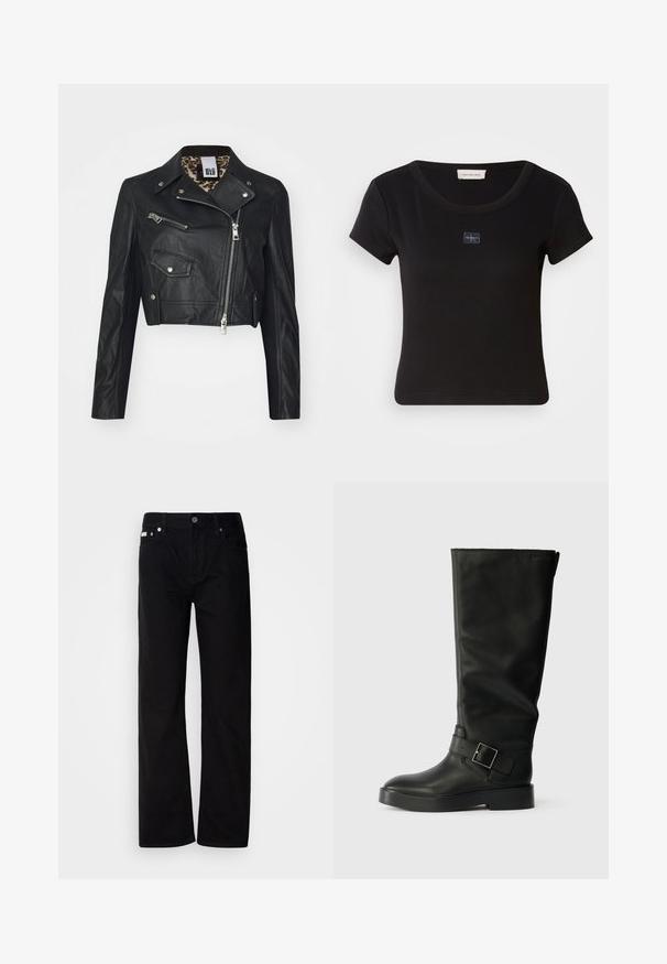 Fekete, rövidített bőrkabát, cipzáras elülső résszel, két cipzáras zsebbel és leopárdmintás béléssel. Klasszikus motoros dizájnnal rendelkezik.; Fekete, rövid ujjú póló bordázott textúrával, kis logó felvarrással a mellkason és kerek nyakkivágással.; Fekete farmer egyenes fazonú nadrág öt zsebbel, ezüst szegecsekkel és gombos zárással. Az anyaga sima, enyhén texturált felületű.; Fekete, térdig érő csizmák, sima bőrből, lekerekített orral, vastag talppal és egy vízszintes pánttal, amely téglalap alakú csat részlettel rendelkezik.