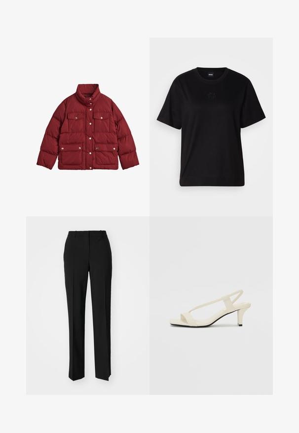 GANT ACTIVE CLOUD - Winter jacket - carbernet red; Black cotton t-shirt with a crew neckline, short sleeves, and an embroidered logo on the chest. Simple, relaxed fit with no patterns.; Black tailored trousers with a straight-leg design, featuring a smooth texture and crisp creases along the front. No visible hardware.; Beige block-heeled sandals with thin straps and a square toe. Smooth material with minimal detailing, designed for easy wear.