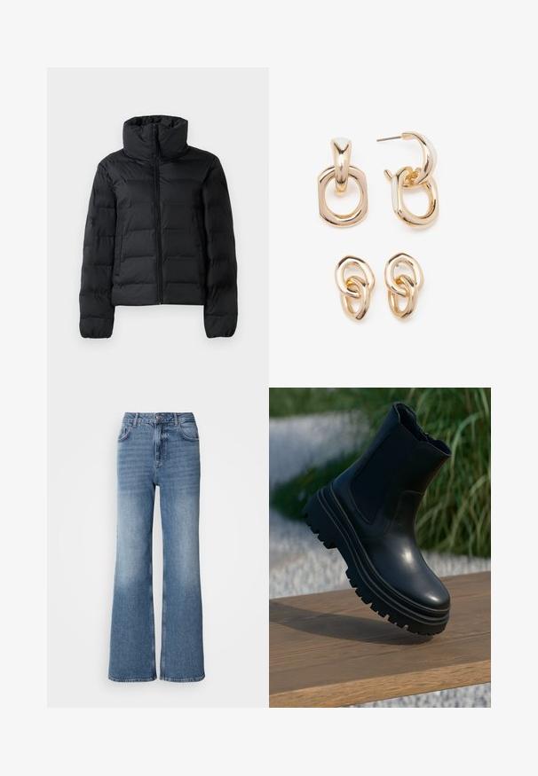 Schwarze gepolsterte Jacke mit hohem Kragen, durchgehendem Reißverschluss, gesteppter Optik und elastischen Bündchen. Glatte Textur, leichtes Material.; Hellblauer, kurz geschnittener Strickpullover mit flachem Kragen und fünf Knöpfen. Mit langen Ärmeln und geripptem Saum.; Mos Mosh MAI - Jeans Straight Leg - blue wash; Schwarze Leder-Ankle-Boots mit einer robusten Sohle, elastischen Seitenteilen und einer glatten Oberfläche. Erhöhtes Design mit kontrastierenden Profildetails.; Goldfarbene Ohrringe mit einer Mischung aus geometrischen Formen: einem Quadrat, einem Kreis und miteinander verbundenen ovalen Designs mit einer polierten Oberfläche.