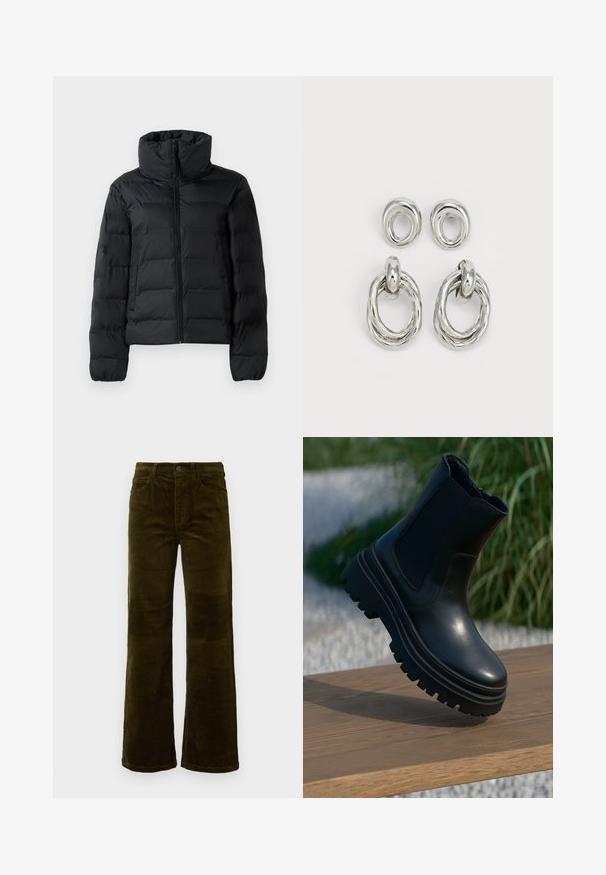 Musta pehmustettu takki, jossa on korkea kaulus, koko etuvetoketju, tikattu muotoilu ja joustavat hihansuut. Sileä pinta, kevyt materiaali.; Harmaa villaneule, jossa on vaaleanpunaisia ja vaaleanharmaita timanttikuvioita. Pyöreä kaula-aukko ja resorireuna. Pehmeä rakenne, pitkät hihat.; Kaksi pitkähihasta turtleneck-paitaa, yksi valkoinen ja yksi musta, valmistettu sileästä, joustavasta kankaasta. Molemmissa on kapean muotoinen malli ja korkea kaulus.; Syvän oliivinvihreät korduroy-levyhihaiset housut. Varustettu viidellä taskulla, napilla suljettuna ja pystyribbitekstuurilla. Normaali malli klassisella muotoilulla.; Mustaa nahkaa oleva nilkkabotti, jossa on paksu pohja, venytyskaarit ja sileä pinta. Kohotettu muotoilu, jossa on kontrastivärit pohjan yksityiskohdissa.; Hope metalliset korvakorut hopeanvärisessä sävyssä, jotka esittelevät kahta paria: kierrettynä ympyräkoruna ja sileänä ympyräkoruna. Heijastava pinta lisää elegancea.