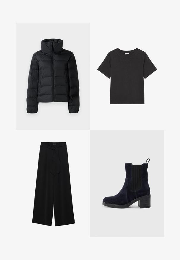 Fekete párnázott dzseki magas gallérral, teljes elülső cipzárral, steppelt mintázattal és rugalmas mandzsettákkal. Simogatós tapintású, könnyű anyag.; Fekete póló, puha anyagból készült, kerek nyakkivágással és rövid ujjakkal. A dizájn egyszerű, nem tartalmaz látható mintákat vagy díszítéseket.; Fekete, bő szárú nadrág, texturált anyagból, rugalmas derékpánttal és levehető sállal a derekán, amely állítható illeszkedést biztosít.; Sötétkék velúr bokacsizma elasztikus oldalpanellel, kerek orral és tömbsarkal. A texturált szövet és a sima talp kontrasztot ad.