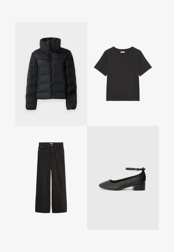 Čierna prešívaná bunda s vysokým golierom, plným predným zipsom, prešívaným dizajnom a elastickými manžetami. Hladká textúra, ľahký materiál.; Čierne tričko vyrobené z jemnej látky, s okrúhlym výstrihom a krátkymi rukávmi. Dizajn je jednoduchý, bez viditeľných vzorov alebo akcentov.; Široké čierne denímové džínsy s vysokým pásom. Obsahujú päť vreciek, kovové doplnky a čistý vzhľad. Textúra je hladká a jemná.; Čierne kožené lodičky s špicatou špičkou a nízkym blokovým podpätkom. Obsahuje remienok okolo členka so zlatým prackou. Hladký povrch.